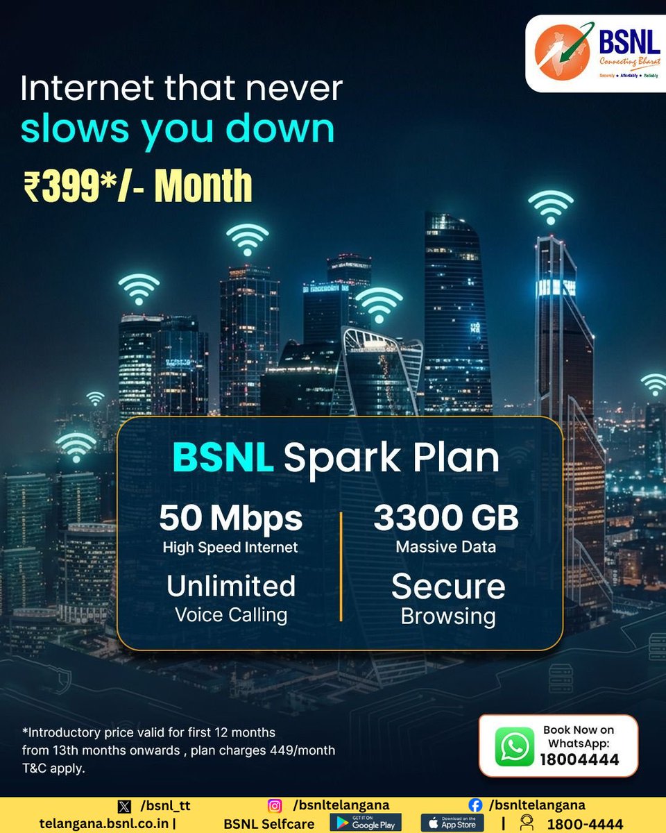 bsnl_tt's tweet image. Stay connected without limits with BSNL Spark Plan 🚀

Enjoy blazing fast 50 Mbps speed, massive data, and unlimited calling — all at just ₹399/month!

💡 3300GB Data
📞 Unlimited Voice Calls
🌐 Reliable Broadband

Upgrade your home internet today!

#BSNL #Broadband #SparkPlan