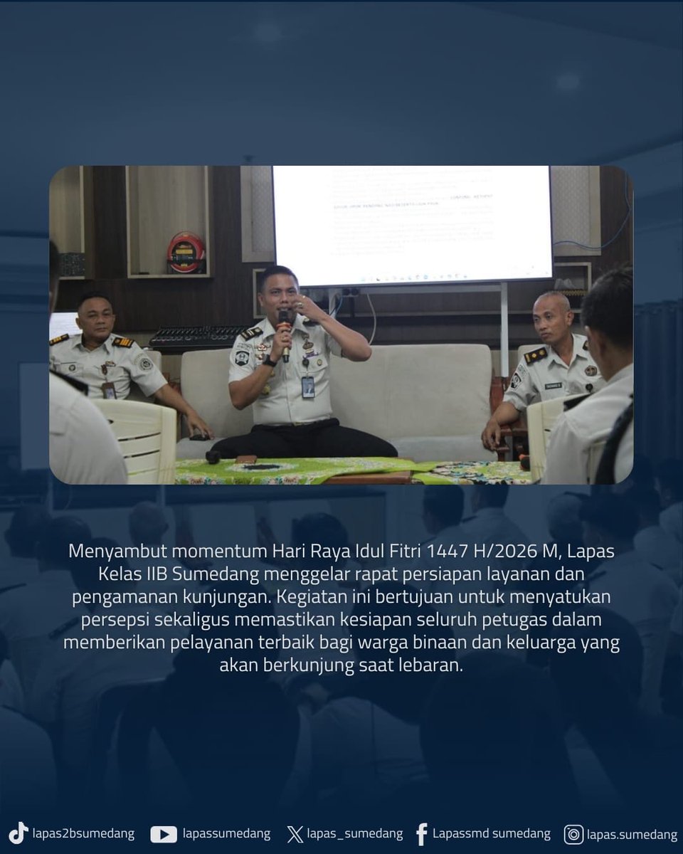 lapas_sumedang's tweet image. Satukan Persepsi Jelang Lebaran, Lapas Sumedang Matangkan Layanan dan Pengamanan Kunjungan Idul Fitri

#kemenimipas
#guardandguide
#ditjenpas
#kanwilditjenpasjabar
#lapassumedang
#pemasyarakatan