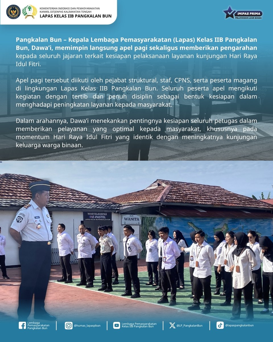 LP_PangkalanBun's tweet image. Kalapas Pangkalan Bun Pimpin Apel, Tekankan Kesiapan Layanan Kunjungan Idul Fitri

Humas Lapas Pangkalan Bun
#kemenimipas
#Ditjenpas
#pemasyarakatan
#guardandguide
#DitjenpasKalteng
#IPutuMurdiana
#infoimipas
#lapaspangkalanbun
#dawai