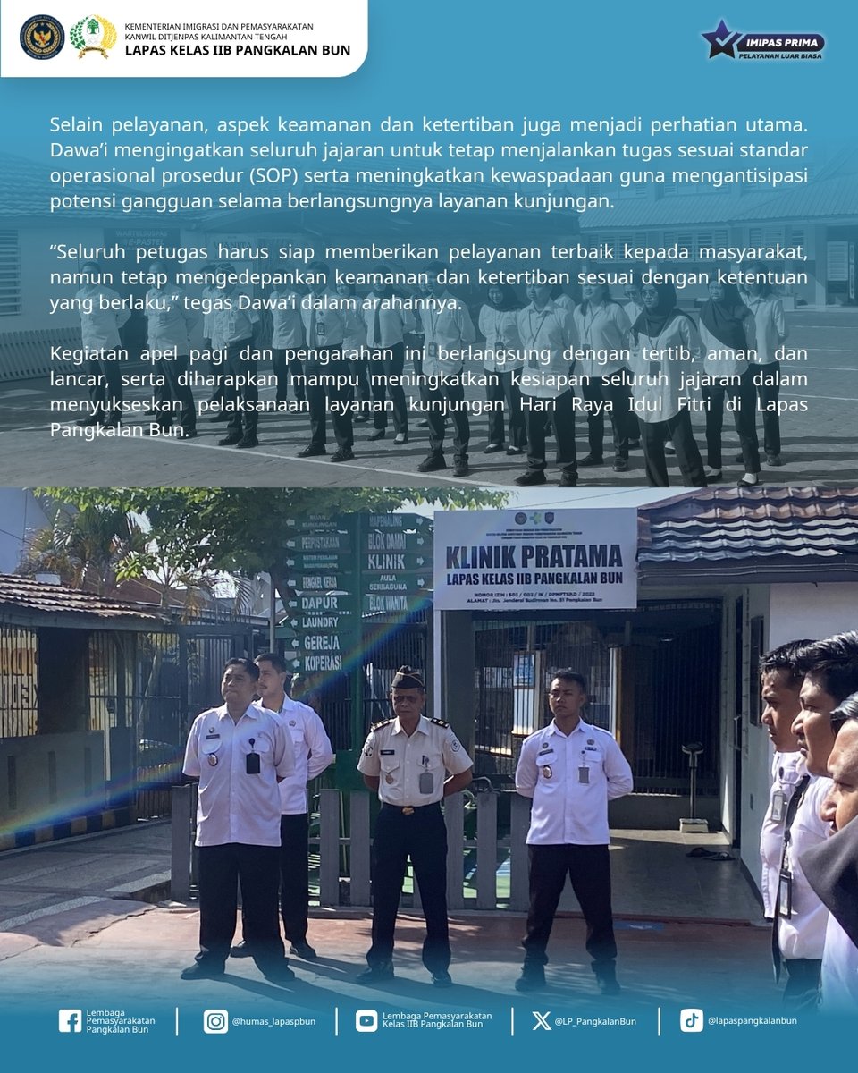 LP_PangkalanBun's tweet image. Kalapas Pangkalan Bun Pimpin Apel, Tekankan Kesiapan Layanan Kunjungan Idul Fitri

Humas Lapas Pangkalan Bun
#kemenimipas
#Ditjenpas
#pemasyarakatan
#guardandguide
#DitjenpasKalteng
#IPutuMurdiana
#infoimipas
#lapaspangkalanbun
#dawai
