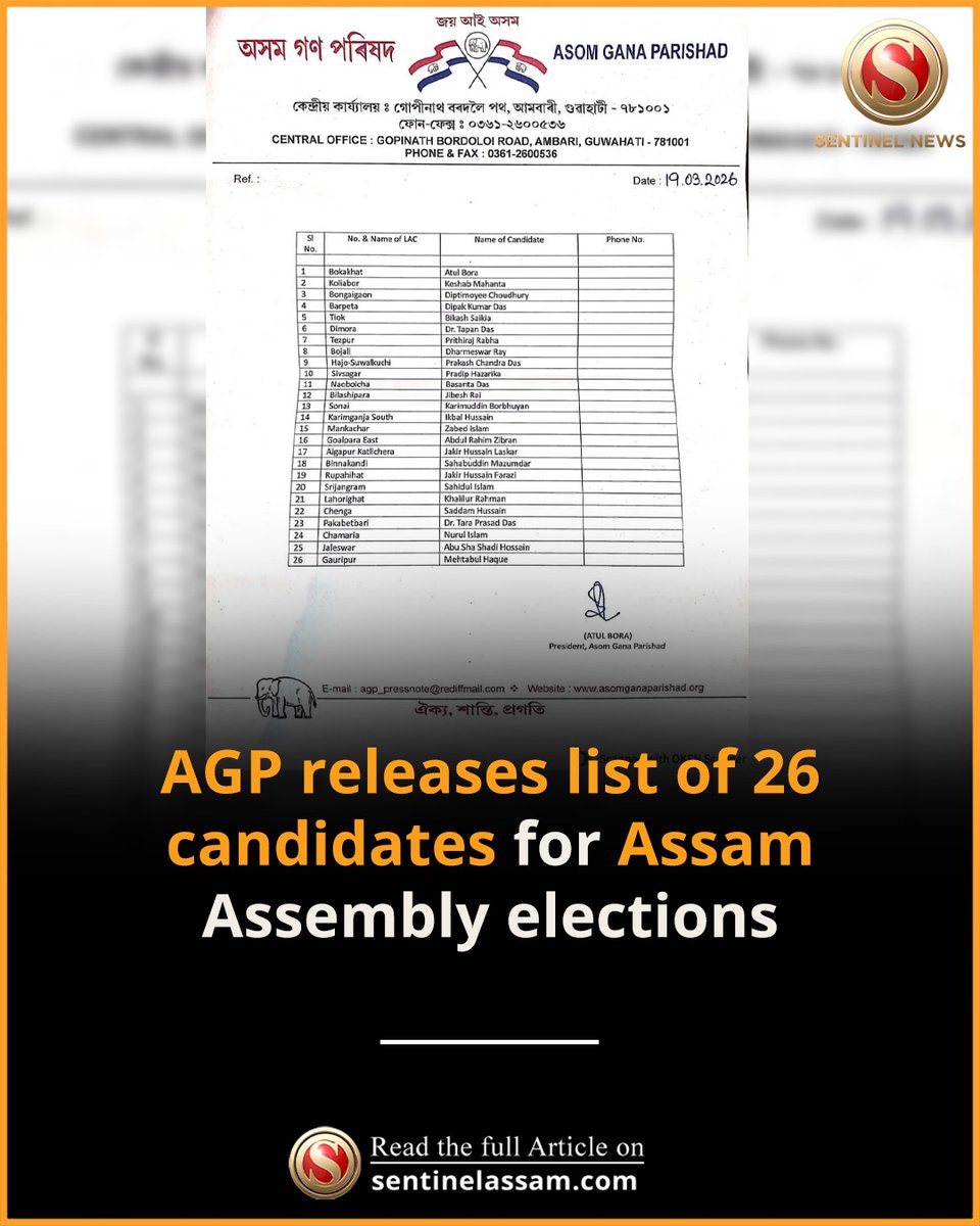 Sentinel_Assam's tweet image. The Asom Gana Parishad (AGP) has released a list of 26 candidates for the upcoming Assam Assembly elections. 

#thesentinel #Kaliabor #AGP