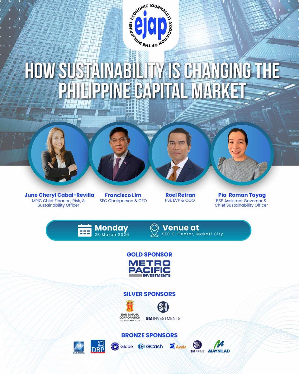 mpic_ph's tweet photo. EJAP LAUNCHES INAUGURAL SUSTAINABILITY FORUM

The Economic Journalists Association of the Philippines (EJAP) will hold its inaugural Sustainability Forum on March 23, 8 am, at the SEC E-Center in Makati City.

Titled "From Disclosure to Decision: How Sustainability is Changing the Philippine Capital Market," the half-day forum will focus on the shift from voluntary, narrative-driven reporting to mandatory, investor-grade information that now directly affects governance, valuation, and access to capital.

Metro Pacific Investments Corporation's Chief Finance, Risk, and Sustainability Officer Chaye Cabal-Revilla will be participating in the panel discussions.

"The rules around sustainability disclosures in the Philippines are changing fast," EJAP President John Ted Cordero said. "This forum will examine how regulators and markets are enforcing this discipline, and how companies are responding in practice."

To confirm your attendance, you may register through this link: 🔗 https://t.co/CfiL5F0bFL

We look forward to seeing you there!

#WeAreMPIC #EJAP #sustainability