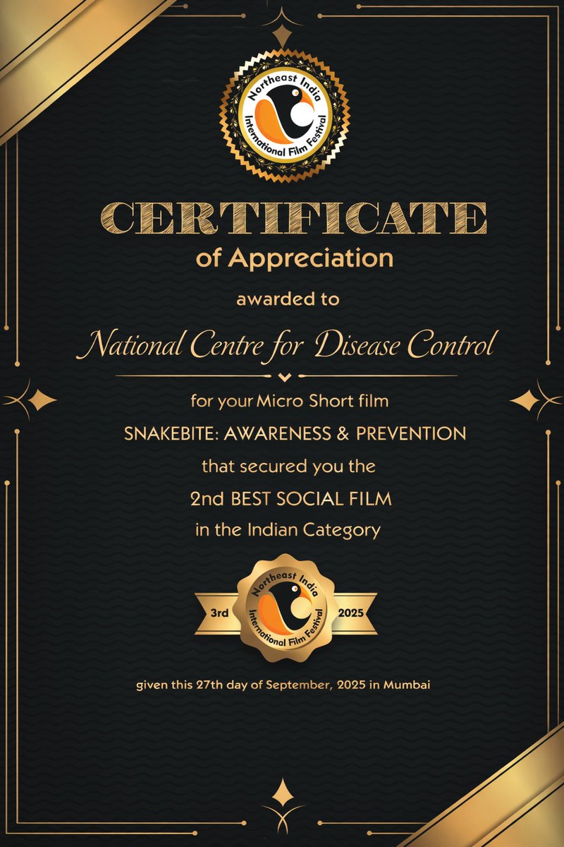NCDCMoHFW's tweet photo. Snakebite awareness film developed by NCDC, MoHFW in collaboration with stakeholders wins prize at International film festivals in social film category.#NAPSE #Snakebite prevention and control.
https://t.co/k27yL6Jx4h https://t.co/1Dv8hF9Vhd