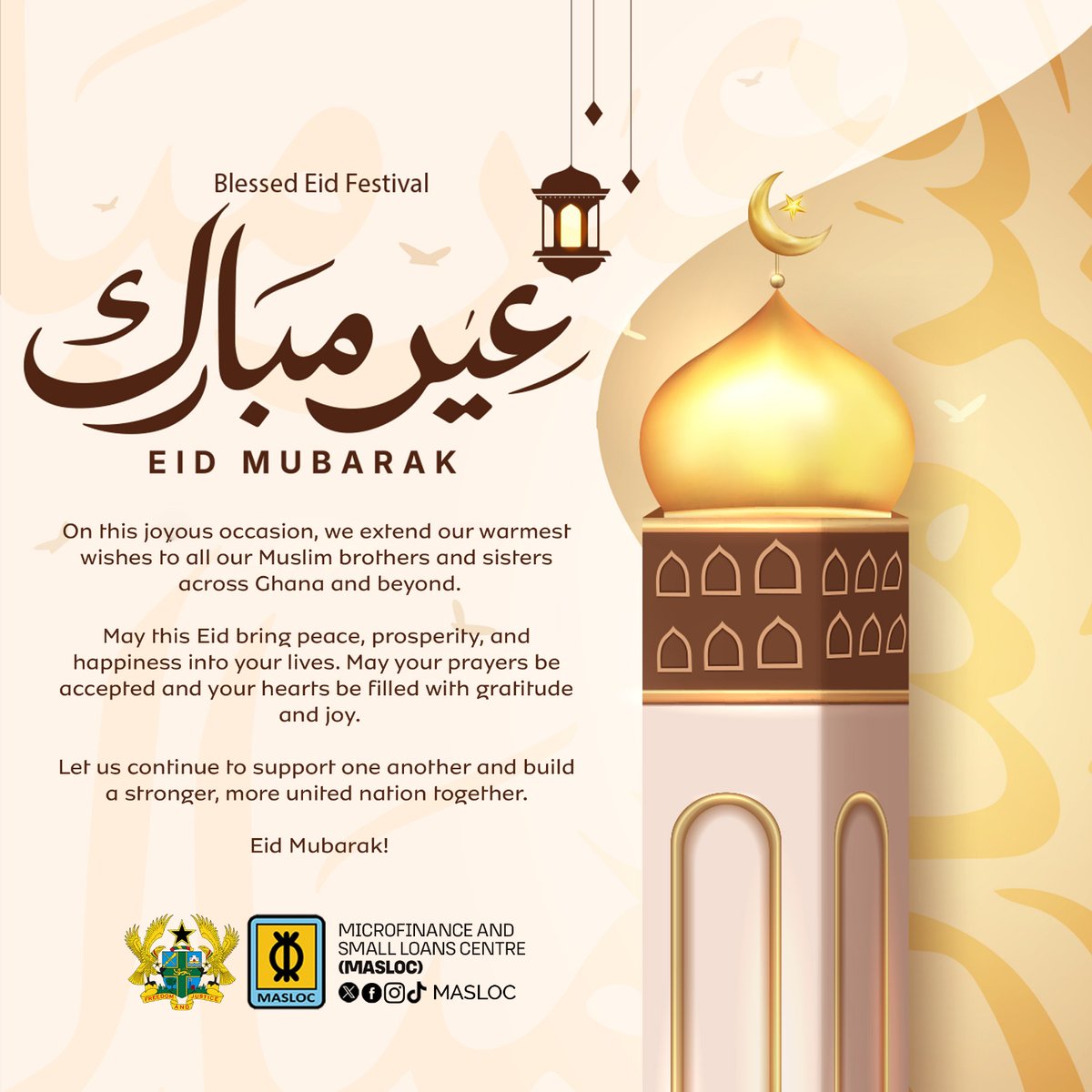 maslocgh's tweet photo. The CEO and Management of MASLOC wish all Muslims a happy Eid Al-Fitr.

May the light of this occasion bring joy and blessings to you.

 #eidmubarak https://t.co/D0U4dLAnh3