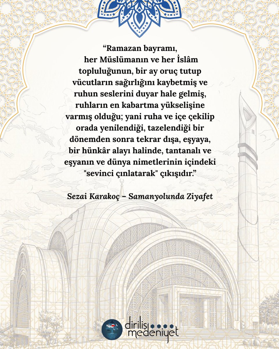 Mübarek Ramazan-ı Şerif'e tekrar kavuşmak ümidiyle, gönül coğrafyamızdaki tüm mazlum kardeşlerimizin feraha erdiği bayramlara kavuşmak duasıyla, Ramazan Bayramımız mübarek olsun. 🌙