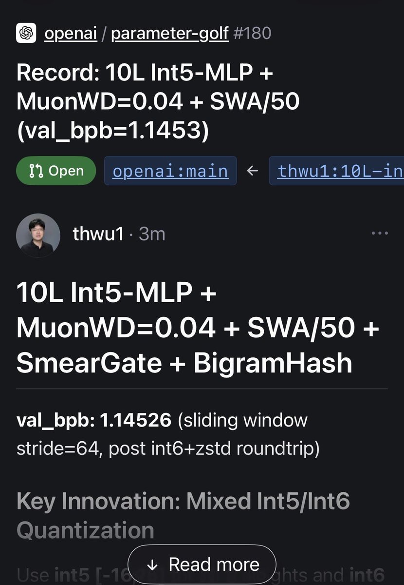 WthThao's tweet photo. @OpenAI Topped this challenge finally. Claude came up with this INT5 fix which save more room for an additional layer. Live at https://t.co/em7kUAIxCC https://t.co/OwLqk3rFbP