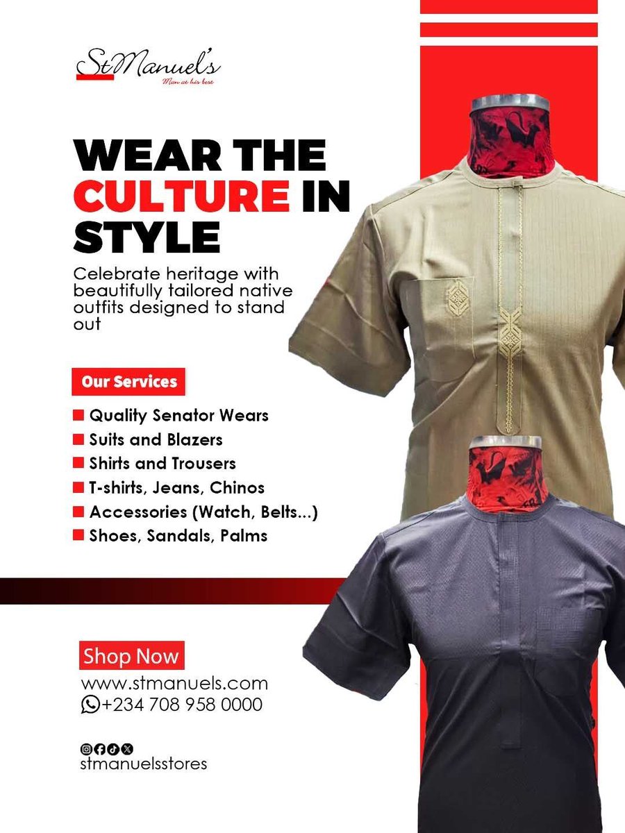 stmanuelsstores's tweet image. 🤍 Culture in style.

Celebrate heritage with beautifully tailored native wear for every occasion.

Look sharp. Feel confident. Stand out.

🌐 Shop: stmanuels.com

📲 WhatsApp: +234 708 958 0000

#StManuels #NativeDrip #MensFashionNG #AfricanStyle