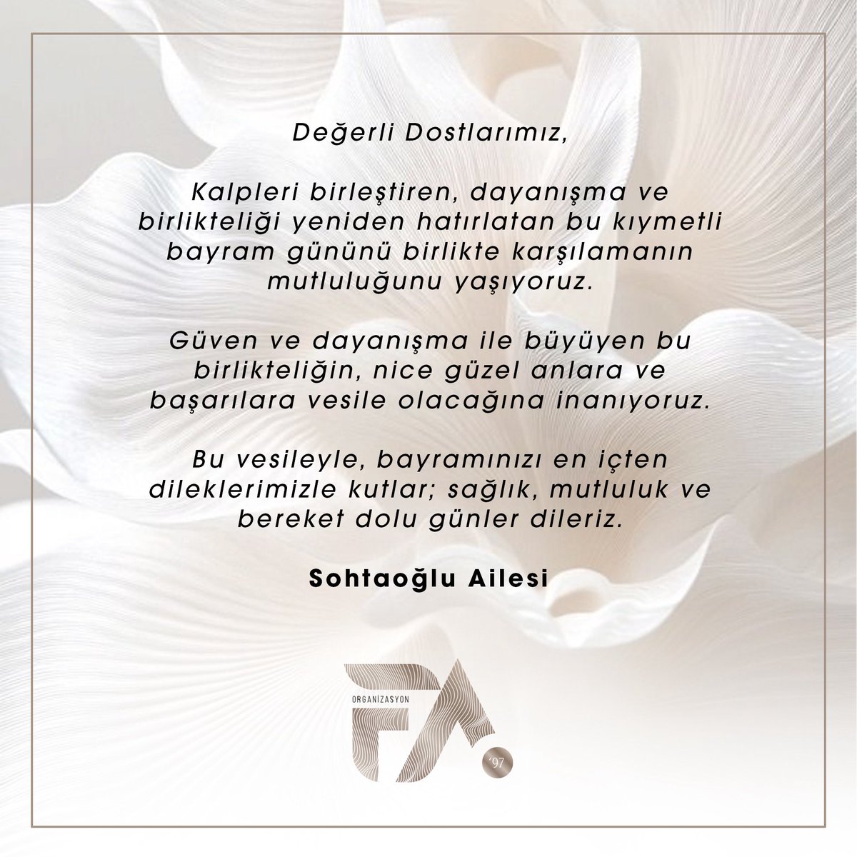 SohtaogluArda's tweet photo. Değerli Dostlarımız,

Kalpleri birleştiren, dayanışma ve birlikteliği yeniden hatırlatan bu kıymetli bayram gününü birlikte karşılamanın mutluluğunu yaşıyoruz.

Bu vesileyle, bayramınızı en içten dileklerimizle kutlar; sağlık, mutluluk ve bereket dolu günler dileriz. https://t.co/iHPCr95i0p