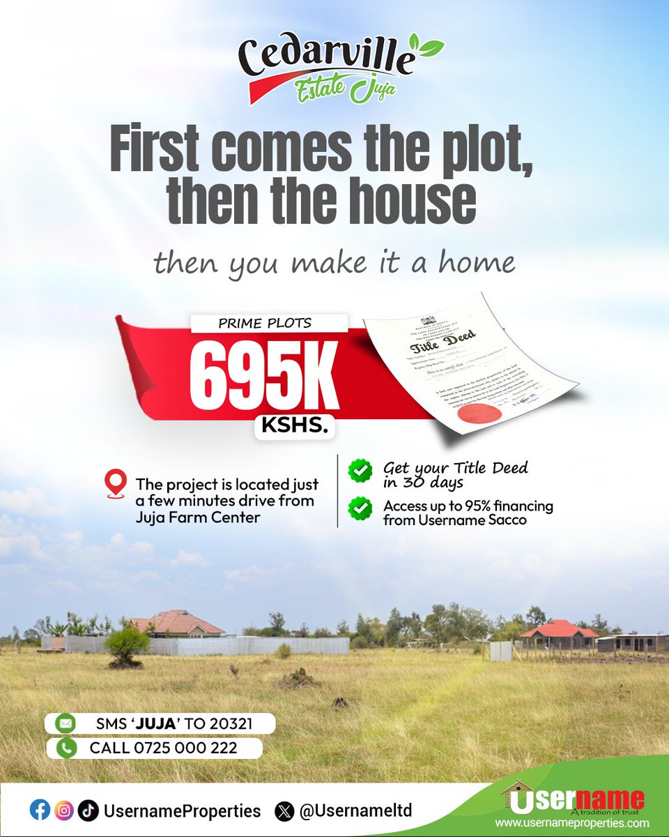 earlybrdestates's tweet image. @usernameltd 
*OWN A PIECE OF PRIME LAND 😊*
Cedarville Estate - where investments grow!
- Prime plots available
- Ready for development
- Sold by Username Properties
Secure your future, build your dream! Contact us! #CedarvilleEstate #PrimePlots #UsernameProperties