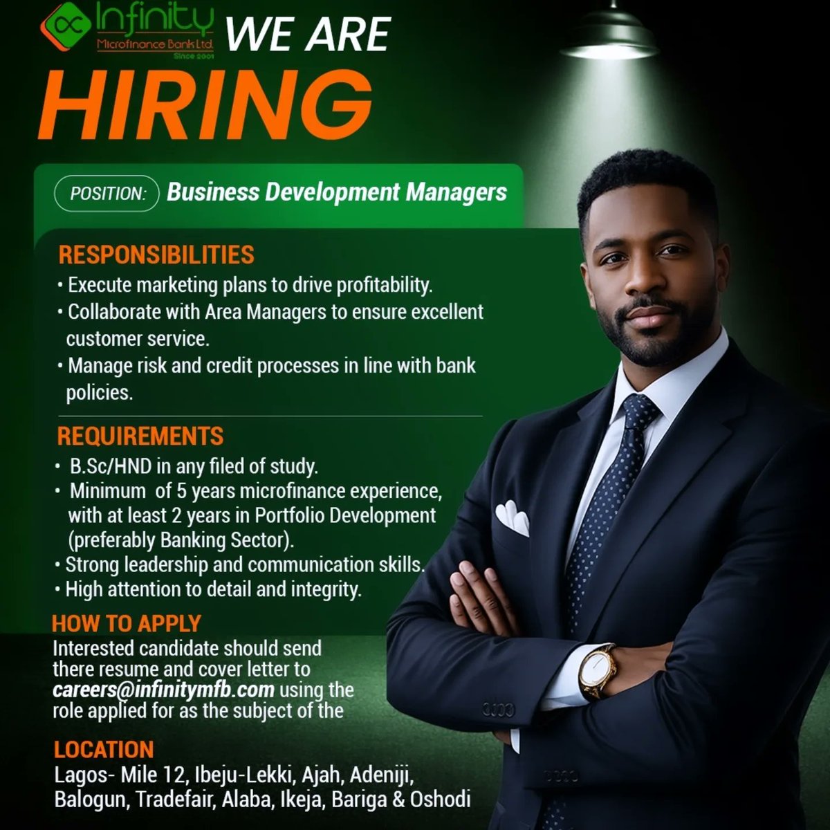 Infinitymfb's tweet photo. Ready to level up your career? 🚀
We’re looking for result-driven Branch Managers and Business Development Managers to join our growing team.

If you’re passionate abou making real impact, this is your opportunity.
Don’t miss out. Apply today
career@infinitymfb.com 
#WeAreHiring https://t.co/4vrqTUrmEJ