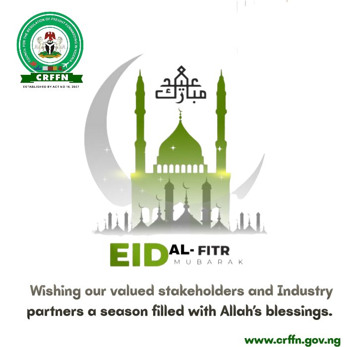 CrffnOfficial's tweet photo. The Council for the Regulation of Freight Forwarding in Nigeria (CRFFN) extends warm Eid Al-Fitr greetings to all freight forwarders, stakeholders &amp; industry partners.
Wishing you peace, prosperity &amp; continued success.
Eid Mubarak 🌙

#CRFFN
#EIDMUBARAK https://t.co/0Gmm7Nv9Wu