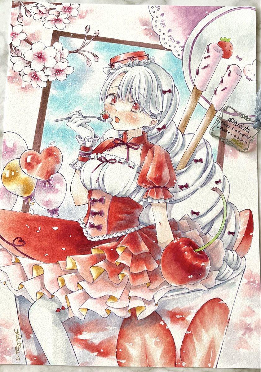 #アナログ絵見せ合い隊26春
素敵なタグ参加させて頂きます🌸
アナログお絵描き大好きです！
苺パフェな女の子🍓✨仕上がりました！