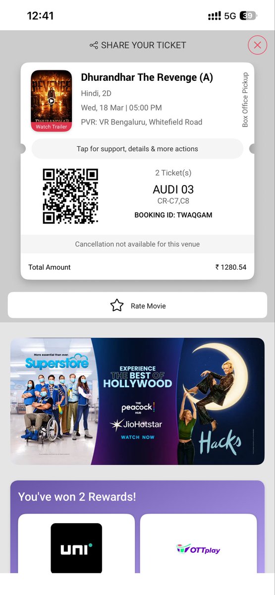 TrueLifeWhisper's tweet photo. What an irony, my Dhurandhar show got cancelled, yet @bookmyshow has not initiated refund, it show to rate the movie without mentioning it got cancelled. There chat support is not working, nobody is answering and taking responsibility @PicturesPVR @ndtv @aajtak @AshwiniVaishnaw https://t.co/LiEpB5AODi