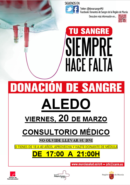 DonarSangreMU's tweet photo. #BuenosDías y feliz viernes 🫶 
🗓️Esta tarde, en pleno puente, nos abren las puertas de la solidaridad para #RegalarVidas con su #DonaciónDeSangre los consultorios médicos de #Aledo y #Benizar y el centro de salud de #Bullas https://t.co/NC3RKNhi8H