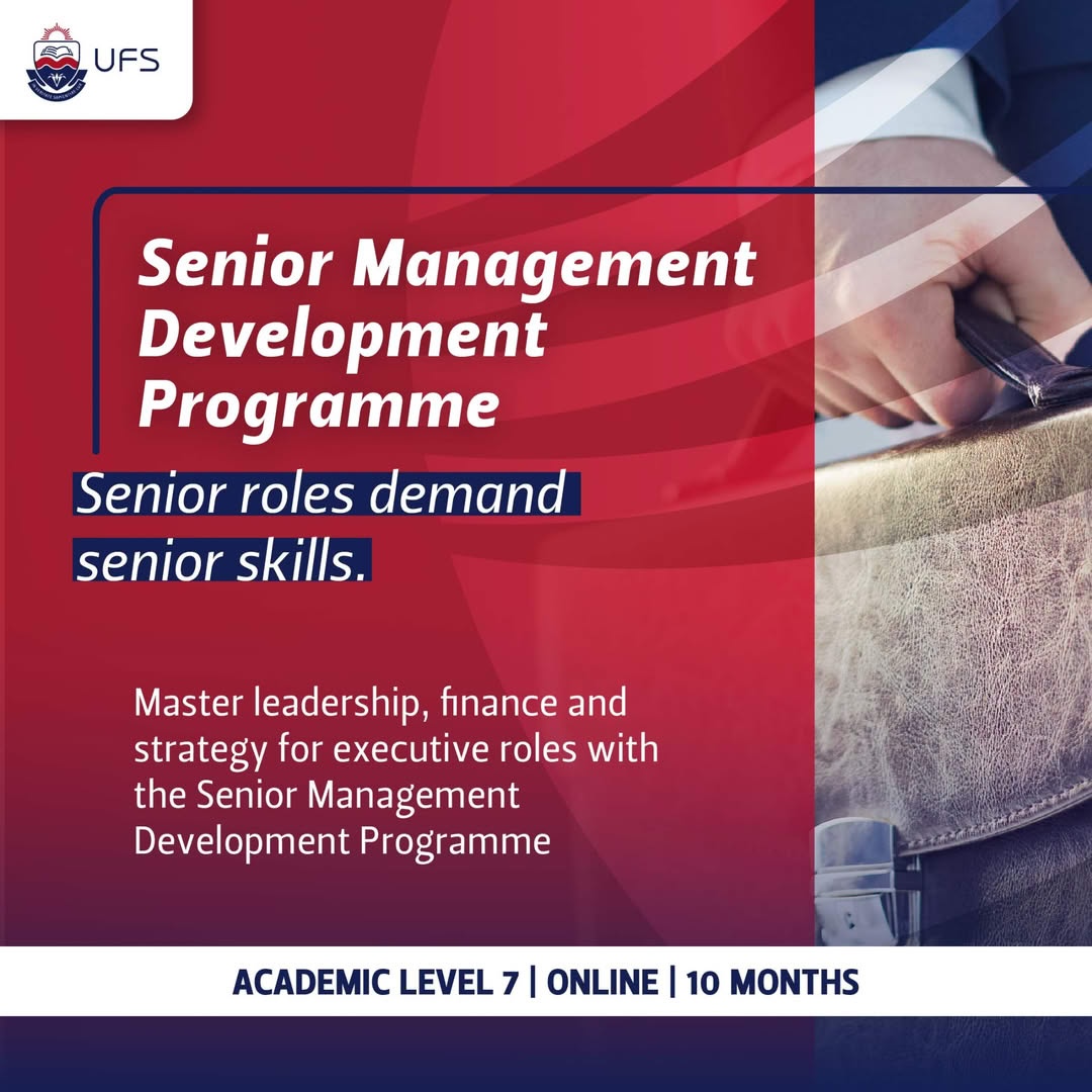 The 𝗦𝗲𝗻𝗶𝗼𝗿 𝗠𝗮𝗻𝗮𝗴𝗲𝗺𝗲𝗻𝘁 𝗗𝗲𝘃𝗲𝗹𝗼𝗽𝗺𝗲𝗻𝘁 𝗣𝗿𝗼𝗴𝗿𝗮𝗺𝗺𝗲 is a 10-month online programme that will perfectly position you for executive impact. Apply at bit.ly/3Xrpc5V  for the April 2026 intake.

Visit ufs.ac.za/bus for more info.