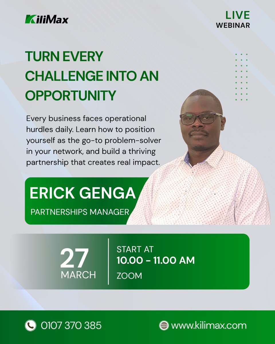 KilimaxSoftware's tweet photo. Join our LIVE webinar and see how the KiliMax Partnership Program, can help you position yourself as a solution to business challenges.

📅 27 March | ⏱️10:00 – 11:00 AM |📍 Live on Zoom

Register here:
 https://t.co/jQYSaD8GDf 

#kilimax #webinar #businessgrowth #partnerships https://t.co/JdzqDKJSQW