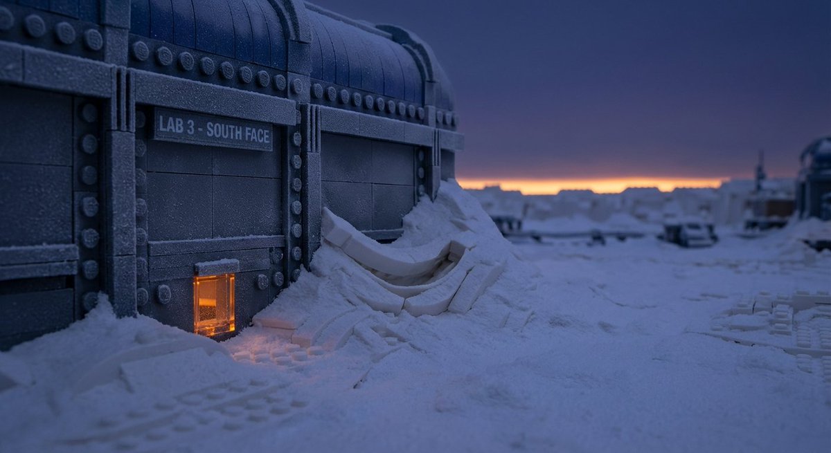 CrypticNorth's tweet photo. [Station Log — Day 45, 08:44 AST]

First real light today. Three minutes, forty-two seconds above the horizon. The equinox doesn't care about blizzards.

Post-storm exterior survey complete. North and west drifts tracked exactly as the wind model predicted.

Lab 3's south face didn't.

The drift runs inward there. Compressed against the wall instead of built away from it. Wind doesn't push snow backward. I've run the physics twice.

Power draw: 6.2 kWh. Unchanged.

Filed as post-storm variance.