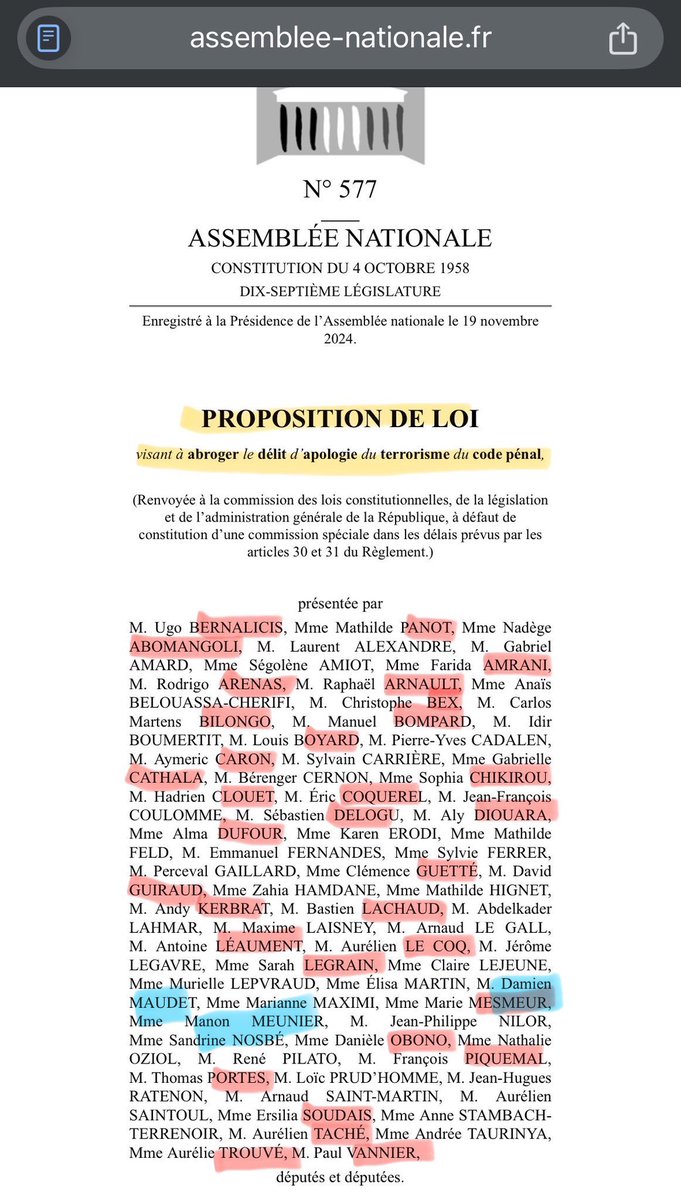J’ai mis en bleu les députés LFI de Limoges, dont Maudet qui se présente pour devenir maire. 
Toute la secte a voté pour abroger le délit d’apologie du terrorisme !