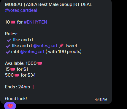 MUBEAT | ASEA Best Male Group |RT DEAL  #votes_cartdeal 

10🎟️ for #ENHYPEN

Rules:
 ✔️ like and rt
✔️ like and rt <a href="/votes_cart/">selling votes|mnet|mcd|higher|kooky|queeri|podoal</a> 📌 tweet
✔️mbf <a href="/votes_cart/">selling votes|mnet|mcd|higher|kooky|queeri|podoal</a> ( with 100 proofs) 

Available: 1000🎟️
15🎟️ for $1
500🎟️ for $34

Ends : 24hrs❗️
Good luck!