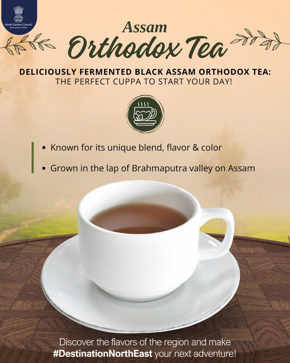 NEC_GoI's tweet image. Pure leaves. Pure craft. Pure Assam 

Assam Orthodox Tea is where tradition meets taste—bringing you a bold and authentic brew in every cup.

Elevate your tea moments.

#AssamTea #OrthodoxTea #TeaLovers #TeaTime