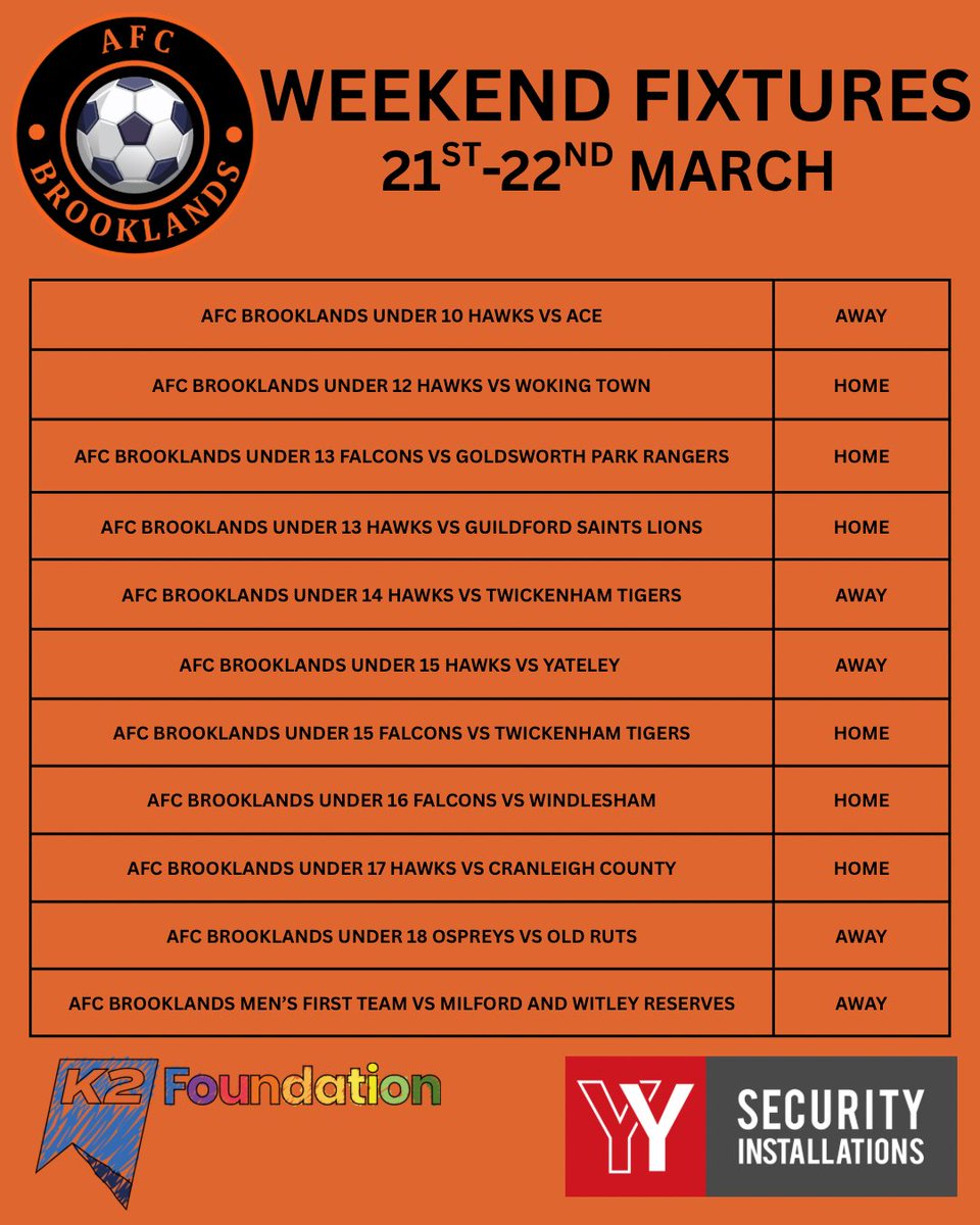 AFCBrooklands's tweet photo. Good luck to all teams this weekend!🧡 https://t.co/qMsNVsgsw7