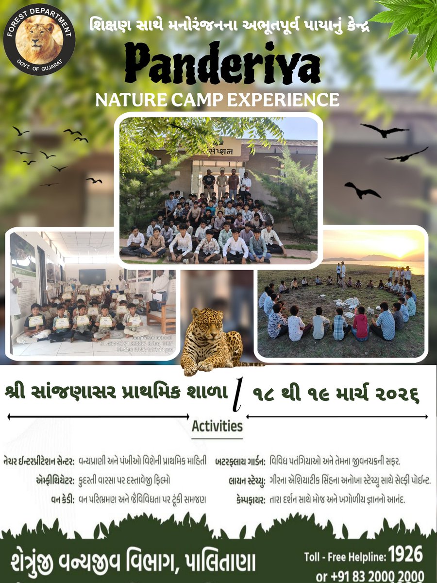 Shetrunjaywild1's tweet photo. 🌿 Panderiya Nature Camp Experience 🌿
 તારીખ : 18/03/2026 થી 19/03/2026
"શ્રી સાંજણાસર પ્રાથમિક શાળા" ના વિદ્યાર્થીઓએ પાંડેરિયા નેચર કેમ્પમાં મનોરંજક અને શૈક્ષણિક અનુભવ મેળવ્યો! 🌳✨
@arjunmodhwadia @CMOGuj @Collectorbhav @GujForestDept @InfoGujarat @PMOIndia @Collectorbhav https://t.co/AnZxuTD52Y