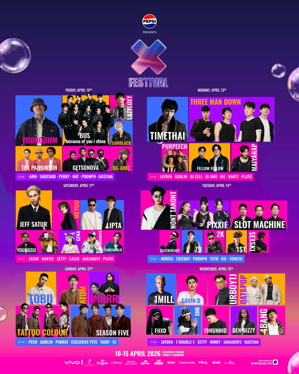 tarang_concert's tweet image. สงกรานต์นี้ไม่ต้องเลือก…เพราะมันส์ทุกวัน! 💦🔥
รวมตัวศิลปินตัวท็อปของไทย จัดเต็มทั้ง 6 วัน เปียกก็สุด โยกก็สุด ครบทุกฟีลในที่เดียว😎

📆 10–15 APRIL 2026
📍 Warehouse Stadium, Rama 4

#XFESTIVAL #XFESTIVAL2026
#PEPSIpresentsXFESTIVAL2026