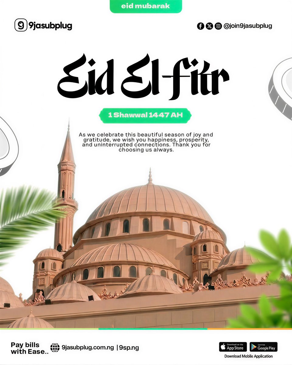 join9jasubplug's tweet photo. 1 Shawwal 1447 AH ๐
Beyond the food and festivities, we celebrate the beautiful connections we've built with you. May your celebrations be seamless and your joy uninterrupted! ๐ถโจ
Happy Eid-el-Fitr to our amazing community! ๐คฒ๐
#EidMubarak #EidFitr #9jasubplug #Sallah https://t.co/mrMjMIshQL