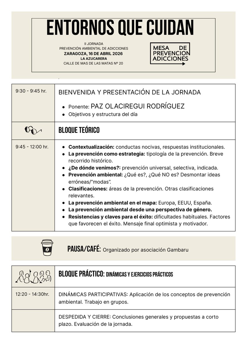 cmapazaragoza's tweet photo. II Jornadas de prevención de adicciones:
ENTORNOS QUE CUIDAN; PREVENCIÓN AMBIENTAL DE LAS ADICCIONES. Cambia la mirada, crear espacios más seguros, relaciones más sanas y comunidades más conscientes.
🗓️16 de abril de 2026
✍️Inscripciones abiertas: https://t.co/tYSsEcJ3bQ https://t.co/RodsIE4CeR