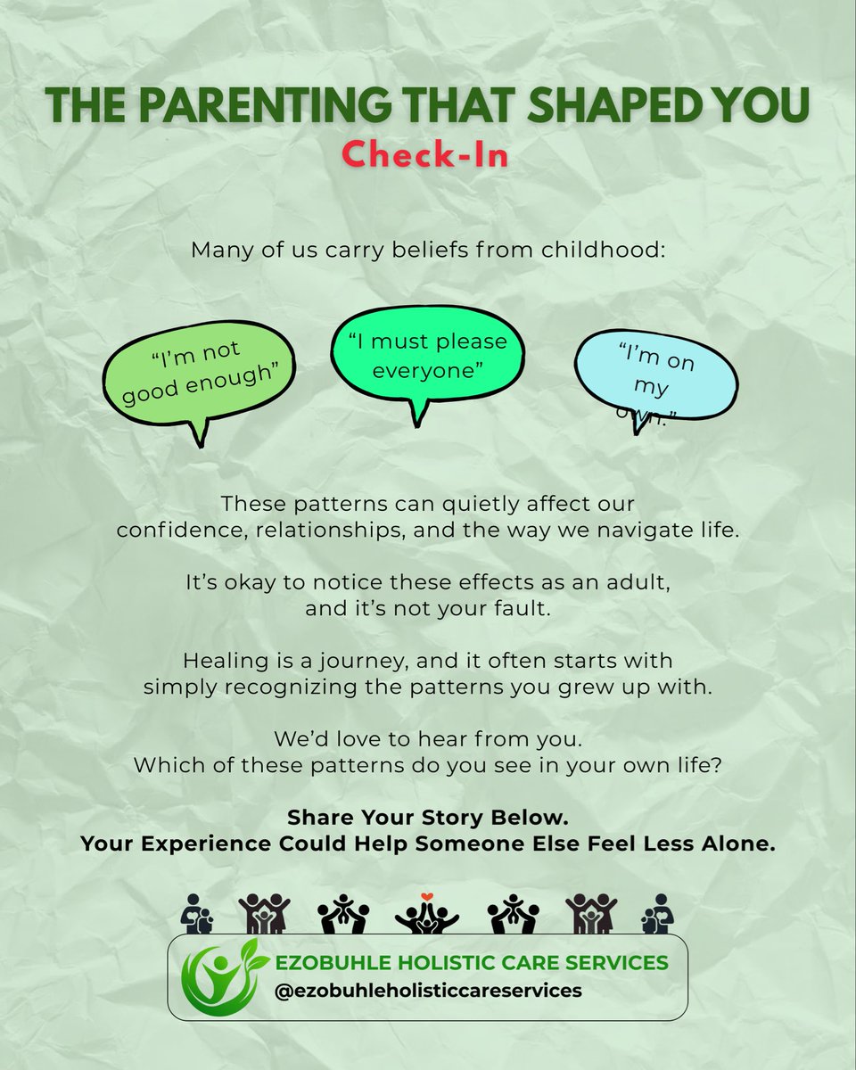 ezobuhlehcs's tweet image. Some of the beliefs we live by today didn’t start with us—they started in childhood.

This infographic creates a space for you to reflect and share your experience—so we can learn and grow together. 🌱

#ezobuhlehcs #EmotionalHealing #InnerChildWork #HealAndGrow #MentalWellness