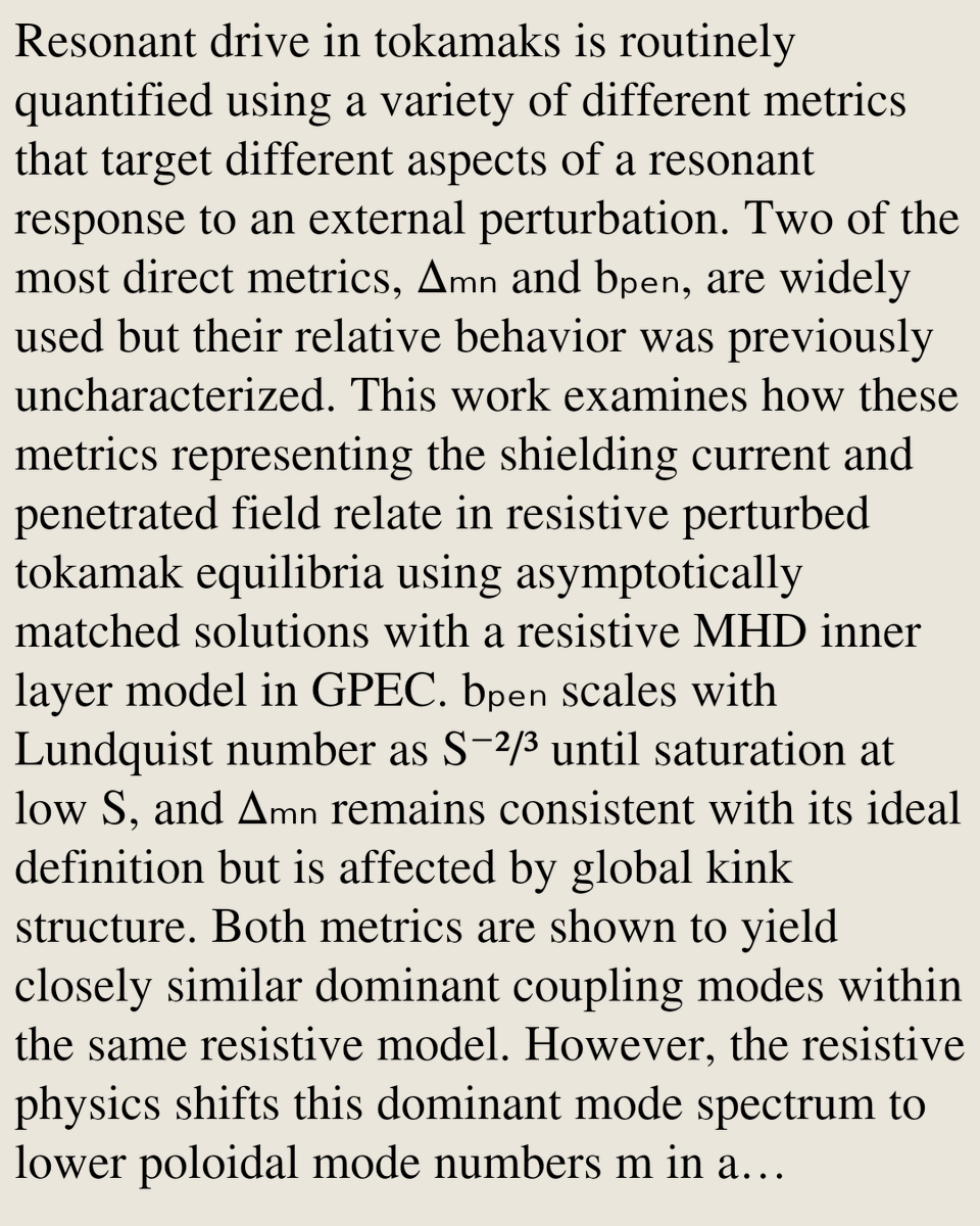 Quantifying resonant drive in resistive perturbed tokamak equilibria

Matthew Pharr, Nikolas Logan, Carlos Paz-Soldan, Jong-Kyu Park
arxiv.org/abs/2603.18267 [𝚙𝚑𝚢𝚜𝚒𝚌𝚜.𝚙𝚕𝚊𝚜𝚖-𝚙𝚑]