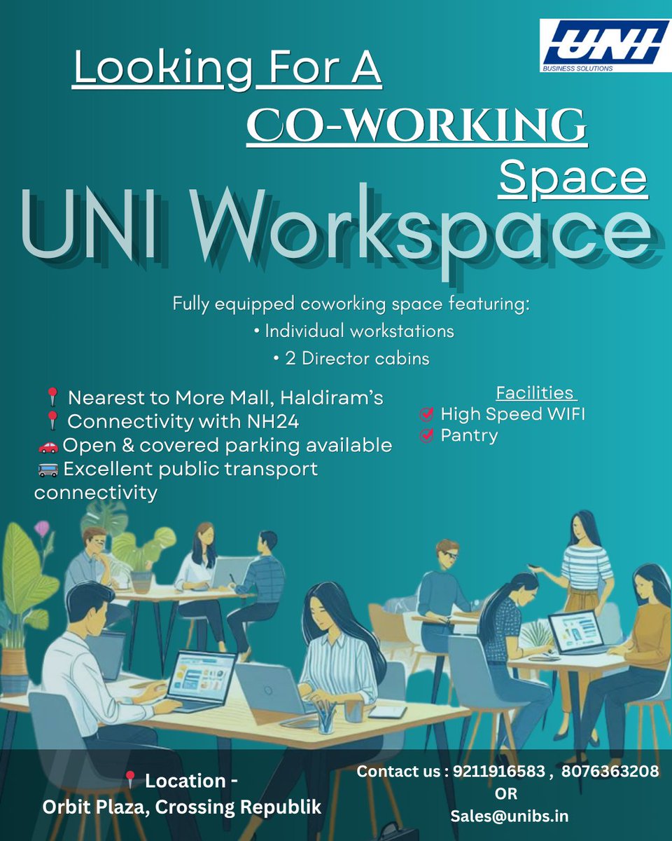 SolutionsUni's tweet image. Looking for a productive workspace? 
Welcome to UNI Workspace 🚀
✔️ Workstations &amp;amp; cabins
✔️ High-speed WiFi
📍 Near More Mall &amp;amp; Haldiram’s | NH24 connectivity
Perfect for startups, freelancers &amp;amp; teams!
📞 Contact us today
#CoworkingSpace #OfficeSpace  #NoidaBusiness #DelhiNCR