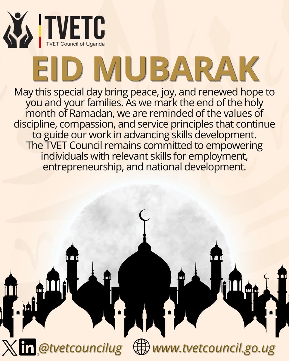 TVETCouncilUg's tweet photo. As the Holy Occasion of Eif al-Fitr is celebrated, the TVET Council extends warm wishes to all our Muslim brothers and sisters, Partners and stakeholders.@ED_TvetC  @ChairTvetC https://t.co/6YsFAfKMet