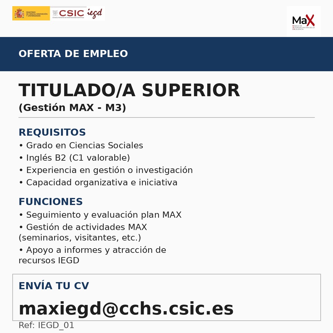 IEGD_CSIC's tweet photo. 🔹 Perfil 1 – Gestión (IEGD_01)

✔ Seguimiento plan MAX
✔ Gestión de actividades
✔ Apoyo a informes y financiación

📩 maxiegd@cchs.csic.es https://t.co/euasdNjIB8