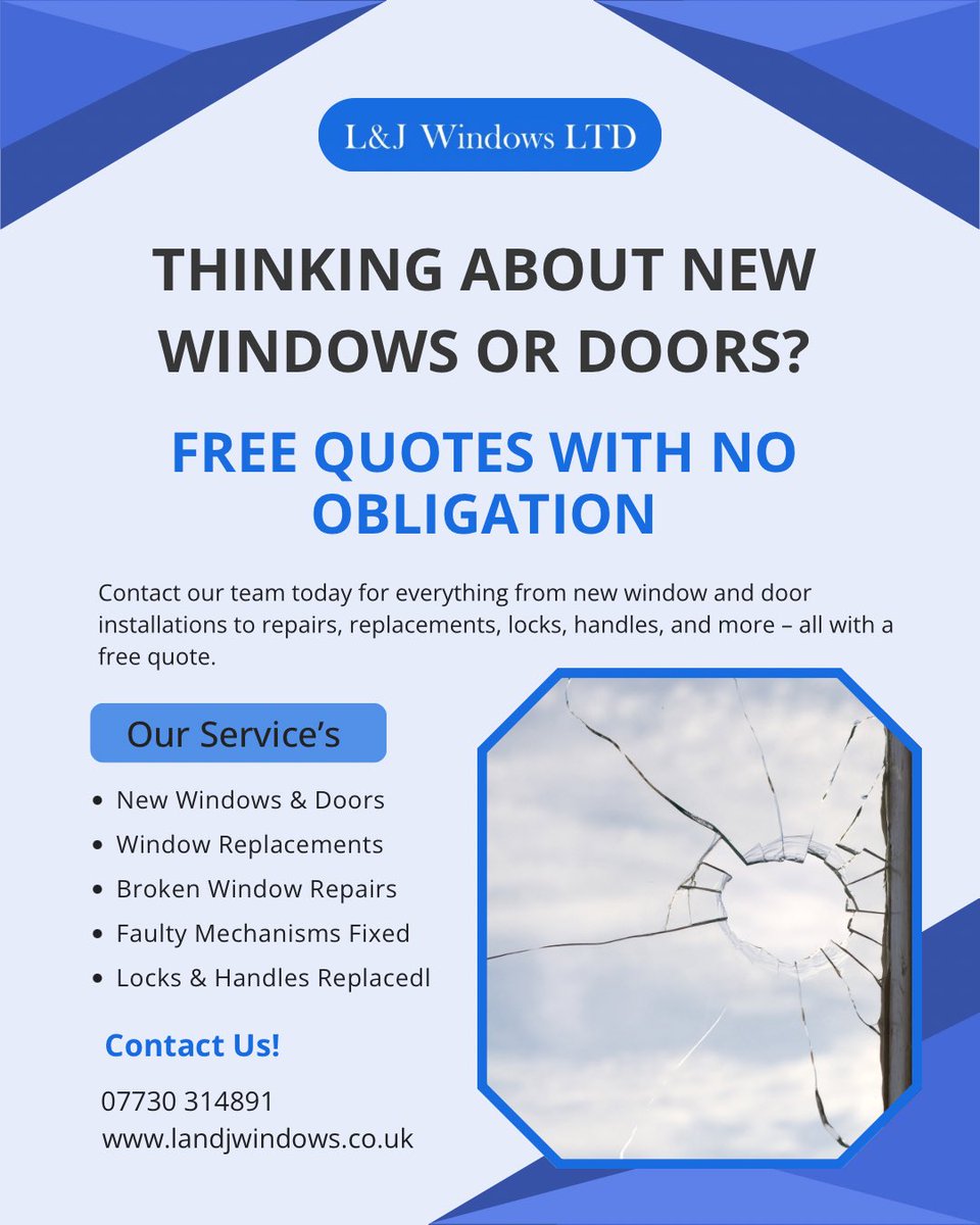 LJWindowsLtd's tweet image. Thinking about upgrading your windows or doors? Or need a quick repair? 🏡🔧
Don’t wait — get it sorted by a trusted local team today.

FREE, no-obligation quotes on all jobs 👇

☎️ 07730 314891
🌐 landjwindows.co.uk
📧 joe@landjwindows.co.uk

#FreeQuote #WindowsAndDoor