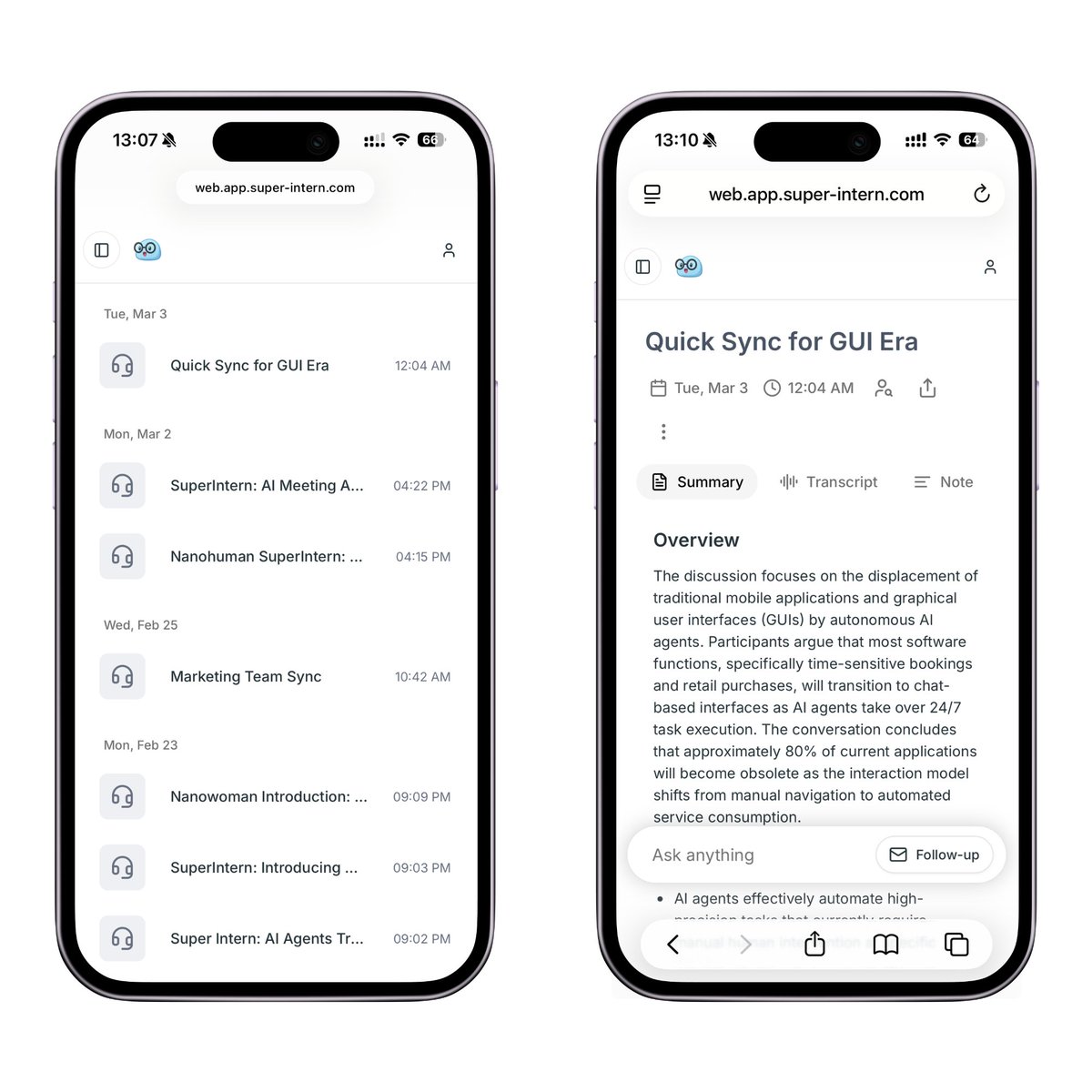 NanoHumanAI's tweet photo. SuperIntern v0.12 Update — Part 2
📣 Now you can check your meetings from your phone 📣

📱 View meeting notes and recordings on mobile
💬 Use AI chat on your phone for research, task review, and drafting emails

Keep work moving even when you can’t open your PC!

Details🧵 https://t.co/nvuJKvGIt1