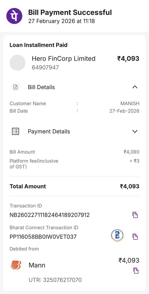 manish11_04's tweet photo. Paid my March EMI on 27 Feb via PhonePe but it’s still showing as bounced. Payment ₹4093 was successful. Please check and update. This may affect my credit record.  

UTR: 325076217070  

@HeroFinCorpLtd @HeroMotoCorp @OfficialSBICare @RBI https://t.co/KkVwDKJUWT