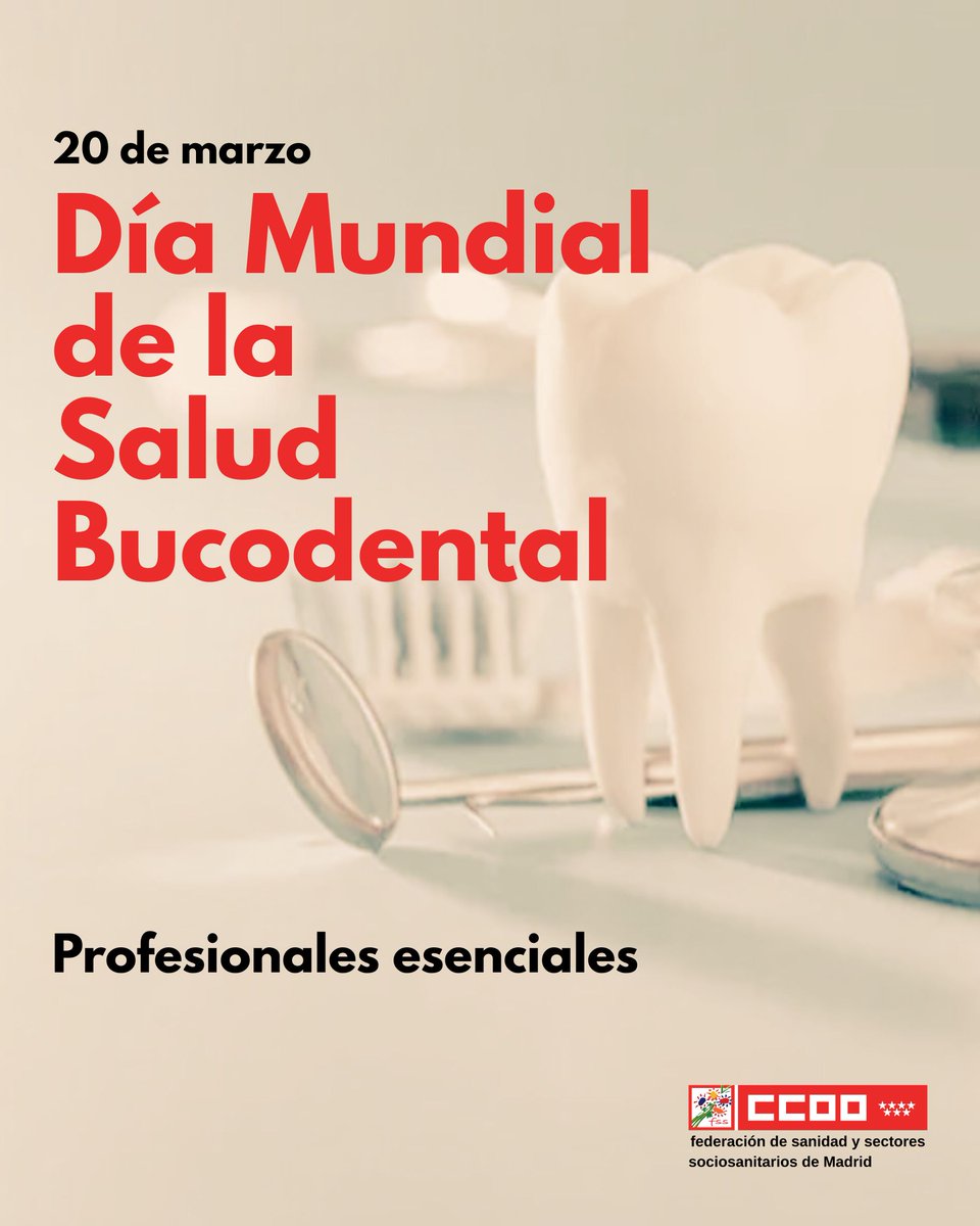 🦷 Hoy, 20 de marzo, celebramos el Día Mundial de la Salud Bucodental

Cuidar nuestra boca es cuidar nuestra salud.

Prevenir, revisar y tratar a tiempo también es calidad de vida ✊

Defendemos una atención bucodental accesible para todas las personas  y unas condiciones