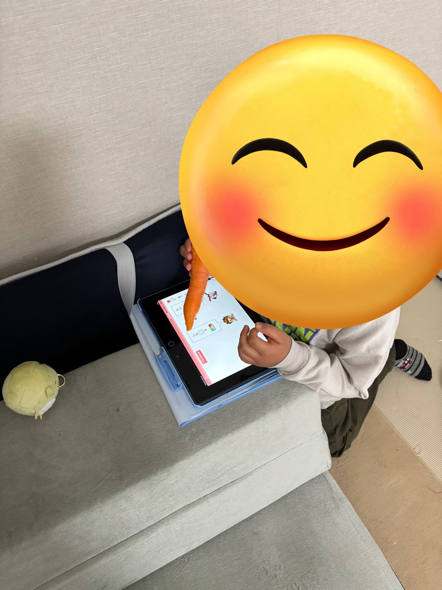 ポケモンサイエンスブックとかいう本に、
タブレットのタッチセンサーは指の水分と静電気に反応する、これは🥕などの野菜でも代用可能、と書いてあったので早速試した息子氏

🥕タッチペン🤣
🍆もいけた笑
大根もやりたいって言われたけど、なんか２分の1カットやしデカいし拒否した。