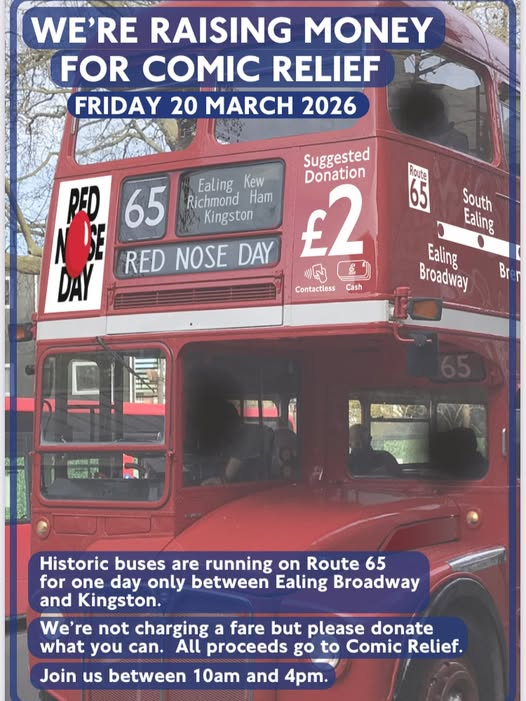 EdwardAdoo's tweet photo. Ready to go. Join us @LordPeterHendy @LeonDaniels @PaulSainthouse from 10am on Route 65 @comicrelief See you soon. #comicrelief #london #bus #historic #vintage #ealing #kingston #richmond #routemaster https://t.co/giSHs6bQfx