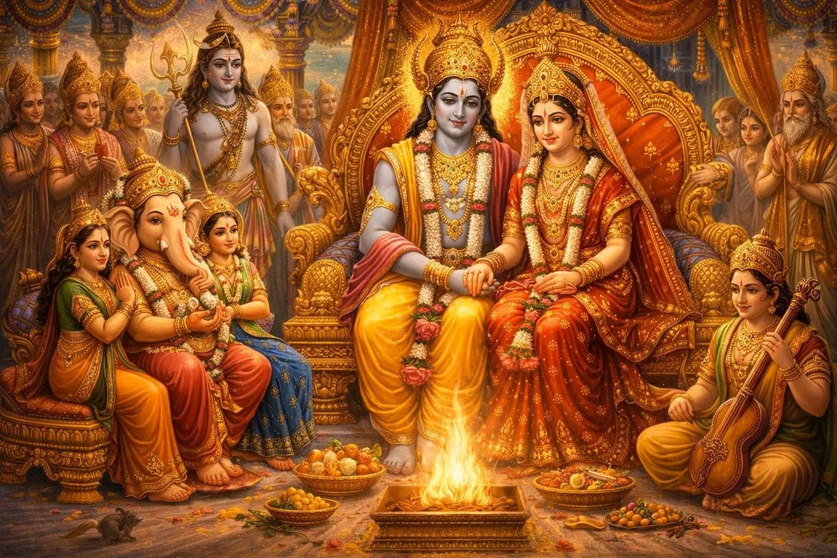 AnjuJha05's tweet photo. बहुत समय पहले की बात है, जब भगवान विष्णु और माता लक्ष्मी का दिव्य विवाह तय हुआ। चारों ओर आनंद और उत्सव का माहौल था। देवताओं को बारात में आने का निमंत्रण दिया गया और सभी बड़े उत्साह से तैयार होने लगे।

जब सभी देवता एकत्र हुए, तब आपस में विचार होने लगा कि गणेश जी को साथ ले जाया जाए या नहीं। कुछ देवताओं ने कहा—“गणेश जी बहुत भोले और भारी शरीर वाले हैं, उन्हें साथ ले जाना उचित नहीं होगा। वे अधिक भोजन भी करते हैं, इसलिए उन्हें यहीं रहने देते हैं।”

ऐसा निश्चय कर सभी देवता गणेश जी को वहीं छोड़कर बारात लेकर चल पड़े।

उधर नारद जी ने यह बात गणेश जी को बताई और कहा—“आज आपका बहुत बड़ा अपमान हुआ है। आपको जानबूझकर बारात में नहीं ले जाया गया।” यह सुनकर गणेश जी को क्रोध आ गया।

उन्होंने अपने वाहन मूषकों (चूहों) को आदेश दिया कि मार्ग की भूमि को भीतर से खोखला कर दें। जैसे ही बारात आगे बढ़ी, रथों के पहिए जमीन में धँसने लगे। सभी देवता परेशान हो गए, बहुत प्रयास किया, पर रथ आगे नहीं बढ़ा।

अंततः एक बढ़ई (खाती) को बुलाया गया। वह आया, स्थिति को देखा और रथ के पहिए को छूते हुए बोला—“जय गजानंद जी!” इतना कहते ही रथ तुरंत बाहर निकल गया।

देवताओं को बड़ा आश्चर्य हुआ। उन्होंने पूछा—“तुमने गणेश जी का नाम क्यों लिया?” खाती ने विनम्रता से उत्तर दिया—“गणेश जी का स्मरण किए बिना कोई भी कार्य सिद्ध नहीं होता। वे विघ्नहर्ता हैं, उनके बिना सब कार्य अधूरे रहते हैं।”

तब सभी देवताओं को अपनी भूल का एहसास हुआ। उन्होंने तुरंत एक दूत भेजकर गणेश जी को आदरपूर्वक बुलाया और उनसे क्षमा माँगी। पहले गणेश जी का विवाह रिद्धि और सिद्धि के साथ संपन्न कराया गया, उसके बाद भगवान विष्णु और माता लक्ष्मी का विवाह हुआ।

उस दिन से यह परंपरा बनी कि किसी भी शुभ कार्य की शुरुआत से पहले भगवान गणेश का स्मरण अवश्य किया जाता है, ताकि कार्य निर्विघ्न पूर्ण हो।

बोलो श्री गणेश भगवान की जय! 🙏✨
🌻🌺 जय श्री गणेश