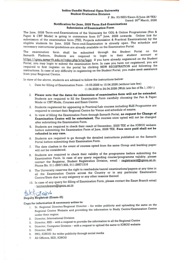 IGNOU_Hyderabad's tweet photo. Revised Notification for Submission of Online examination application form for TEE June, 2026 https://t.co/dAMMZYhU3S