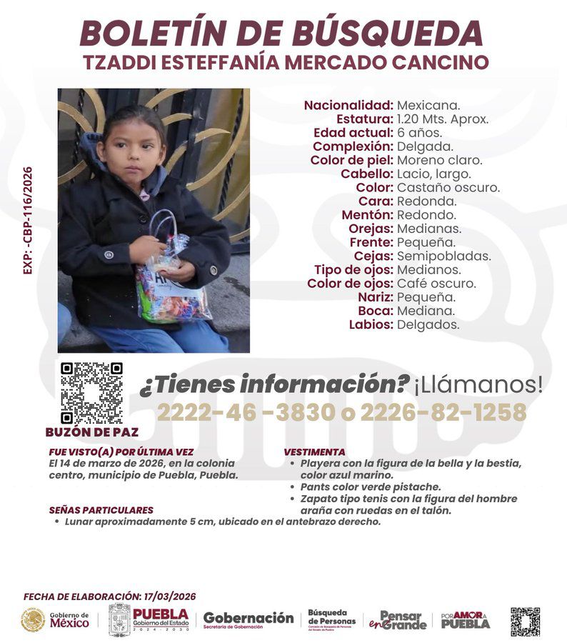 TribunaVigila's tweet photo. #Ayuda para localizar a Tzaddi Esteffanía Mercado Cancino de 06 años, fue visto por última vez en #14deMarzo en #Puebla. #Comparte #ServicioSocial #LaVozDeLosPoblanos #SeBusca https://t.co/aLnJL3835p