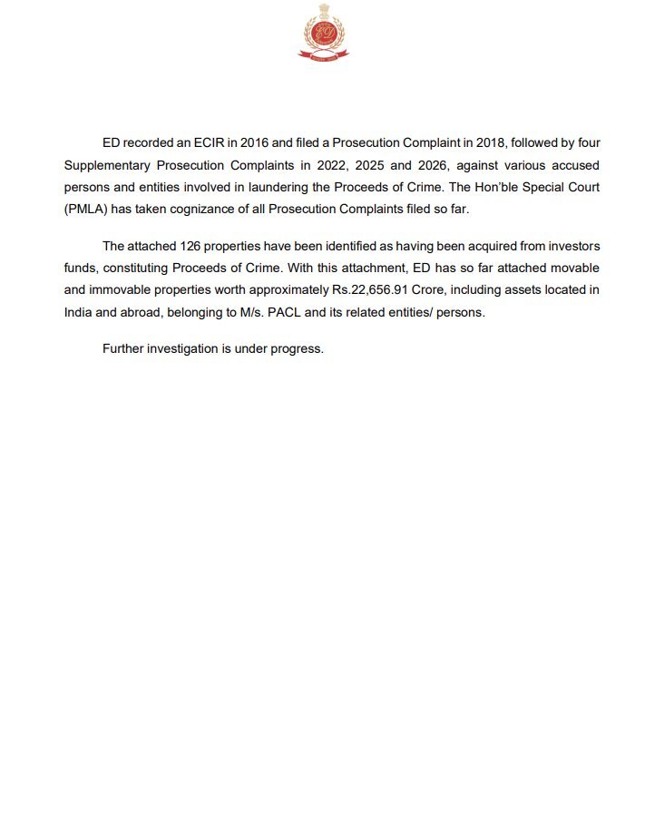 univartaindia1's tweet photo. 🚨 #NewsAlert | प्रवर्तन निदेशालय (ED) के दिल्ली ज़ोनल ऑफिस ने M/s PACL मामले में पंजाब और दिल्ली में स्थित 5046.91 करोड़ रुपये की 126 अचल संपत्तियों को अस्थायी रूप से कुर्क किया है।
@dir_ed | #ED | #EnforcementDirectorate | #PACL | #MoneyLaundering | #PMLA | #FinancialFraud | #Delhi | #Punjab | #UNI | #UNIVarta
