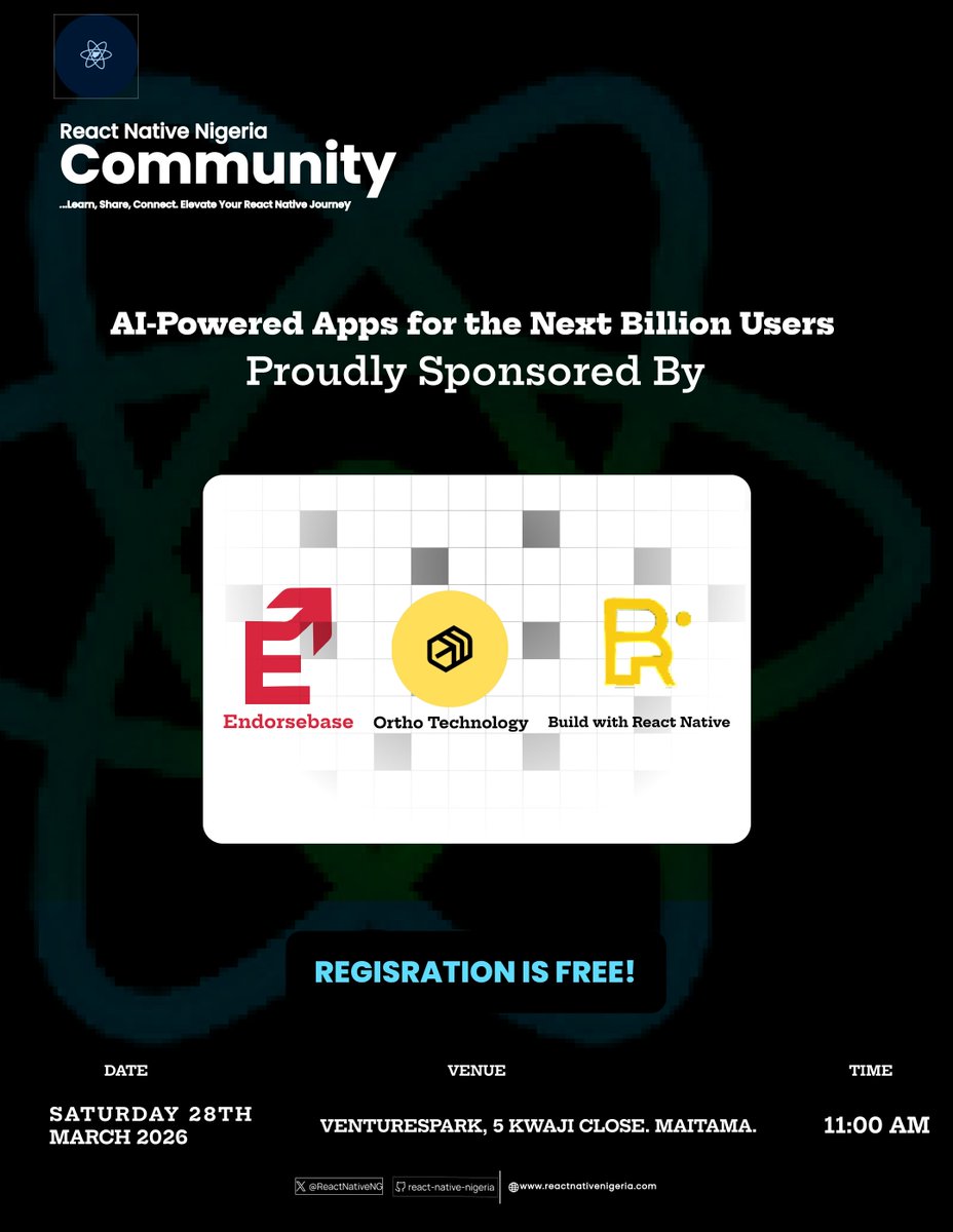 ReactNativeNG's tweet photo. Sponsor Spotlight!

We’re proud to have @bwreactnative  ,@endorsebase , and Ortho Technology supporting the React Native Nigeria event.

Their commitment to innovation and the tech community is helping make this event possible.

Date:  March 28, 2026
Location: Ventures park https://t.co/5n1eOKFVW4