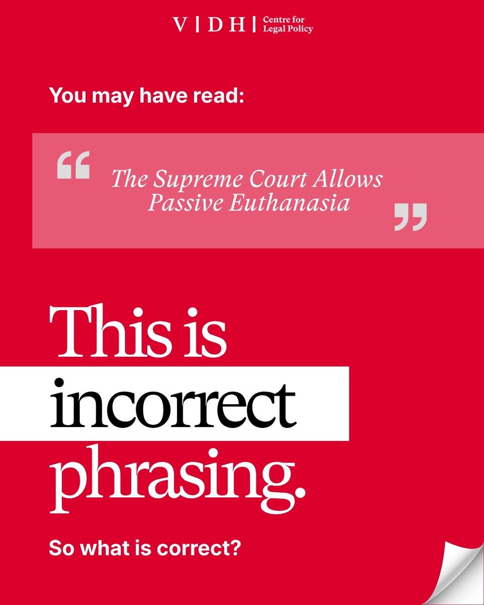 Vidhi_India's tweet photo. 1/ You may have seen headlines like “Supreme Court allows passive euthanasia for Harish Rana” or “First-ever case for passive euthanasia.” 🚨 These are incorrect.  

“Decisions to withhold or withdraw life-sustaining treatment are complex and emotionally difficult both for doctors and for the patient’s caregivers. If these are equated with ‘euthanasia’, which is currently illegal in India, it can have very negative connotations and add to the emotional burden of doctors and caregivers,” says Dr Dhvani Mehta in an interview with (@moneycontrolcom) MoneyControl.  

Read the full interview: https://t.co/yqlclbq0eH  

The term “passive euthanasia” is outdated and obscures the legal position. Using accurate language is essential to uphold dignity, something the Supreme Court also affirmed in Harish Rana v. Union of India.  

We urge responsible reporting for Harish Rana and end-of-life matters.  

So what is the correct terminology?  

#HarishRana #EndOfLifeCare #DignityInDeath #AdvanceCarePlanning @SmritiRana0702 @NaveenSalins @mrraj47 @Karunashraya @palliumindia @shireenyachu @CanSupportND