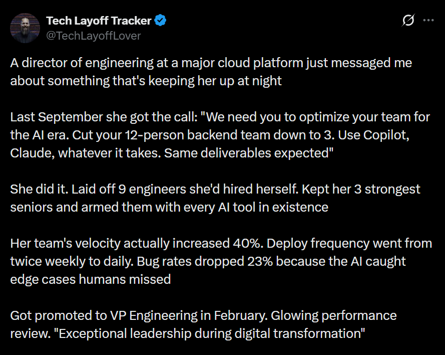 owindhaeuser's tweet photo. Ironie perfekt destilliert: Sie hat das System optimiert. 
Und dann hat das System sie ausgetauscht. 

Das ist kein Tech-Post. 
Das ist eine Fabel. 

Sie hat ihr Team von 12 auf 3 reduziert.
Velocity +40%.

Befördert.
Dann: Kalendereinladung.

Selber Raum. 
Selbe zwei VPs.

"Wir analysieren unsere Leadership-Struktur."
Drei VP-Rollen werden zu einer.

Kosten? 
Offshore. 1/4 ihres Gehalts.

Und jetzt das Beste:
Sie soll ihr Wissen dokumentieren.

Entscheidungsframeworks. 
Prozesse. 
Management-Strategien.

Für den Wissenstransfer.
Sie baut das Playbook für ihre eigene Ablösung.

Das ist keine Ausnahme.
Das ist das Drehbuch.

Optimiere das System.
Das System optimiert dich.

Wer AI nutzt, um seinen Job effizienter zu machen, fragt sich die falsche Frage.
Die richtige: Wer kontrolliert das Ergebnis, wenn ich weg bin?

Tata.