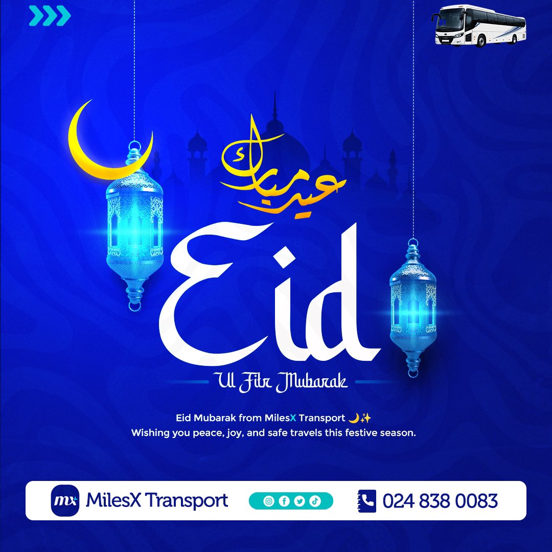 Milesxtransport's tweet photo. Eid Mubarak from MilesX Transport 🌙✨
Wishing you peace, joy, and safe travels this festive season. May your journeys be smooth and your celebrations filled with happiness. 💙🚌

#EidMubarak #MilesXTransport https://t.co/1Sa3vK4AKL