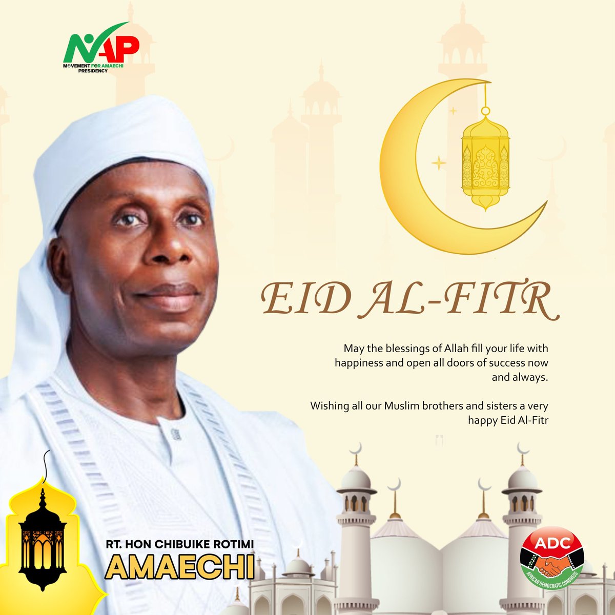 EID AL-FITR MUBARAK! 🌙⭐

The Movement for Amaechi Presidency (MAP) <a href="/Map_9ja/">Movement for Amaechi Presidency</a> extends heartfelt greetings to all our Muslim supporters, friends, and brothers and sisters across Nigeria.

May this celebration bring you happiness, good health, and divine blessings. As we celebrate,