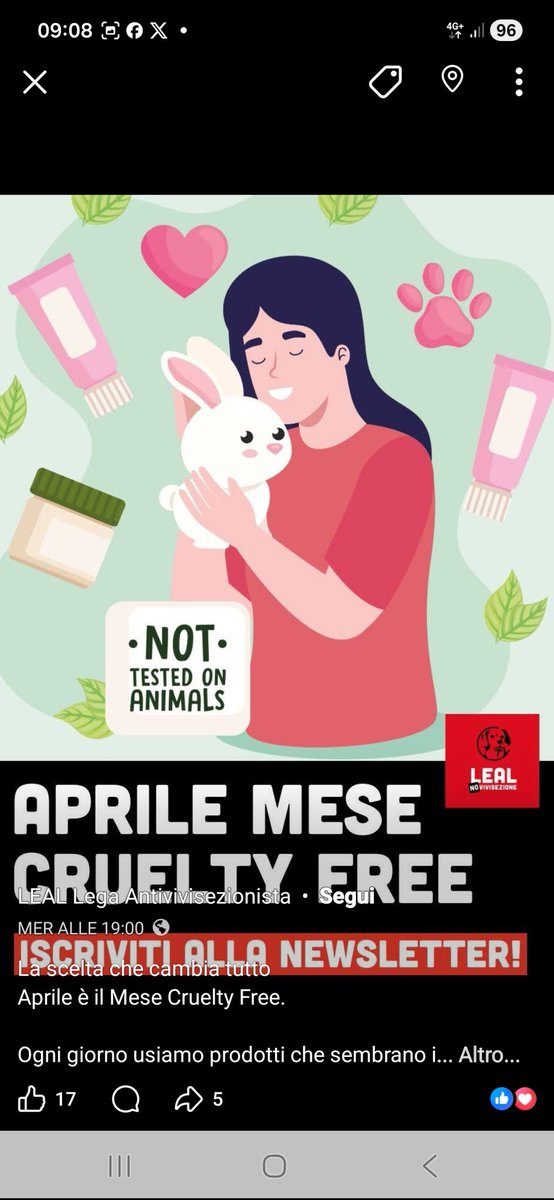 Aprile è il Mese Cruelty Free.  
ISCRIVITI ALLA NOSTRA NEWSLETTER.
MANDA UNA MAIL A  mesecrueltyfree@leal.it
NELL'OGGETTO INSERISCI ISCRIVIMI.
Scoprirai molte cose interessanti e potrai fare scelte etiche che aiuteranno gli animali.
leal.it/mese-cruelty-f…@